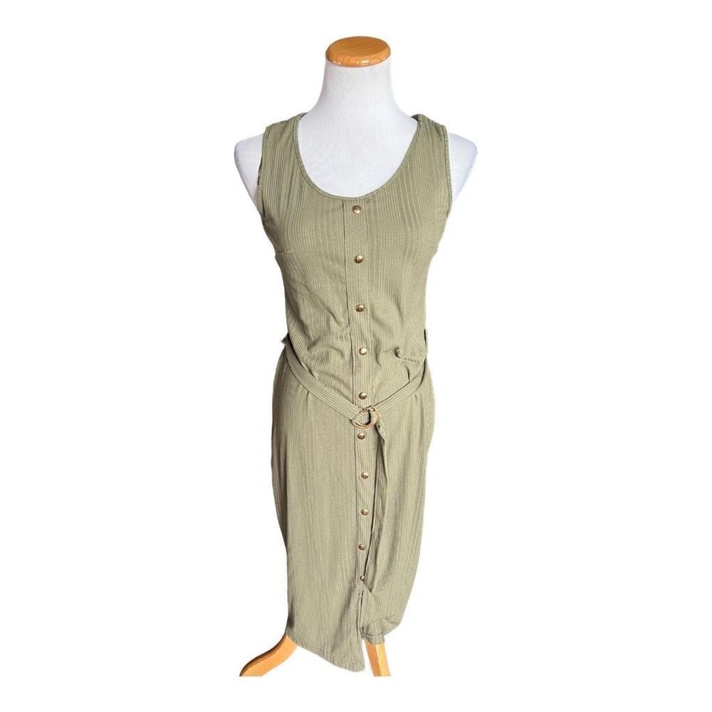NWT Womens Say What Olive Green Ribbed Sleeveless Maxi Dress w Belt - Sz M
